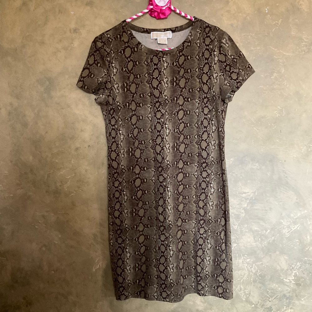 Michael Kors Snakeskin Print Mini Dress Stretch Jersey Green Brown Small
